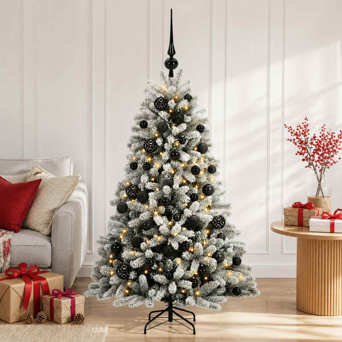Artificial Christmas Tree with Bauble 150 LEDs Green and White 150 cm with LEDs & black balls