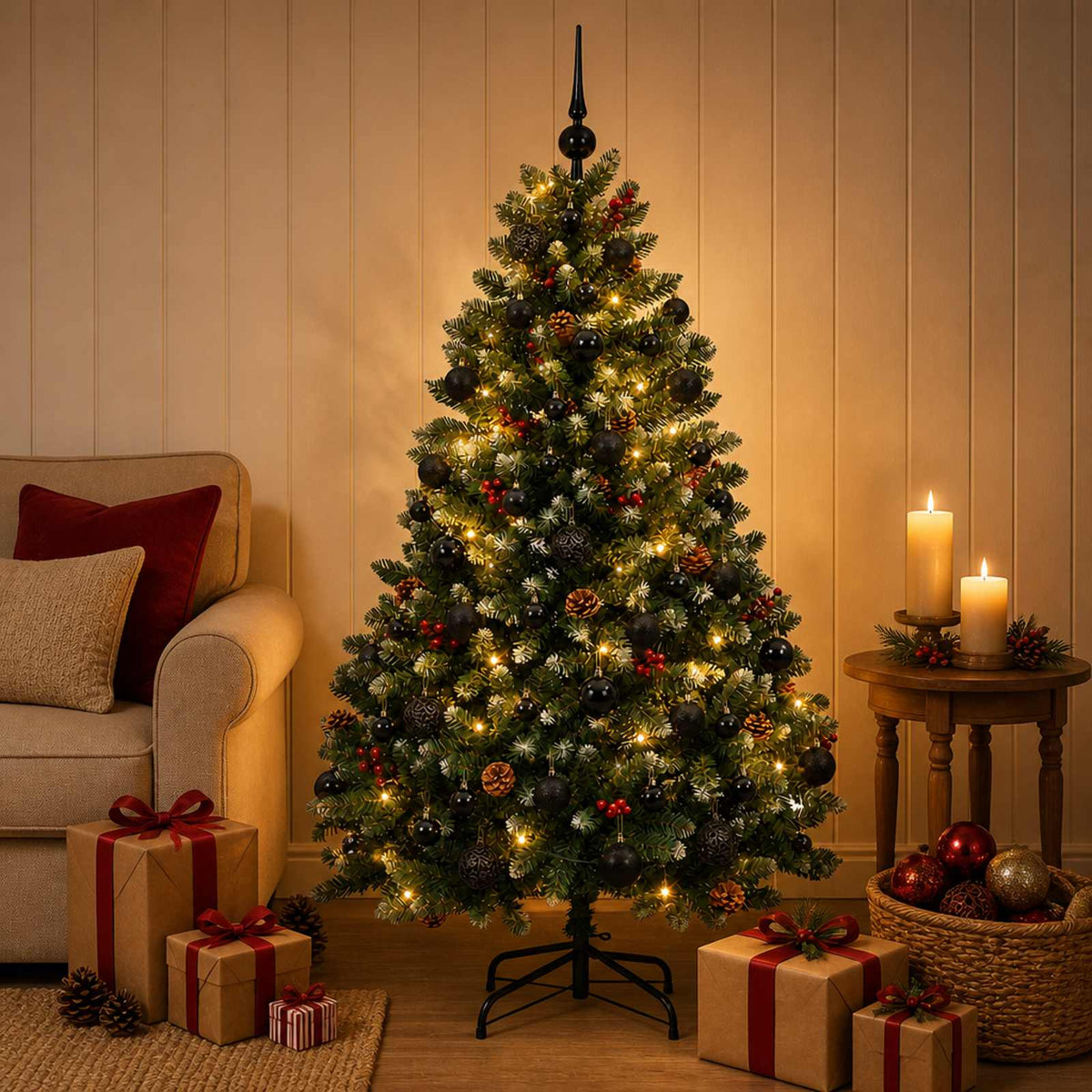 Artificial Christmas Tree Green Bauble LEDs Frosted Tips LEDs&black balls