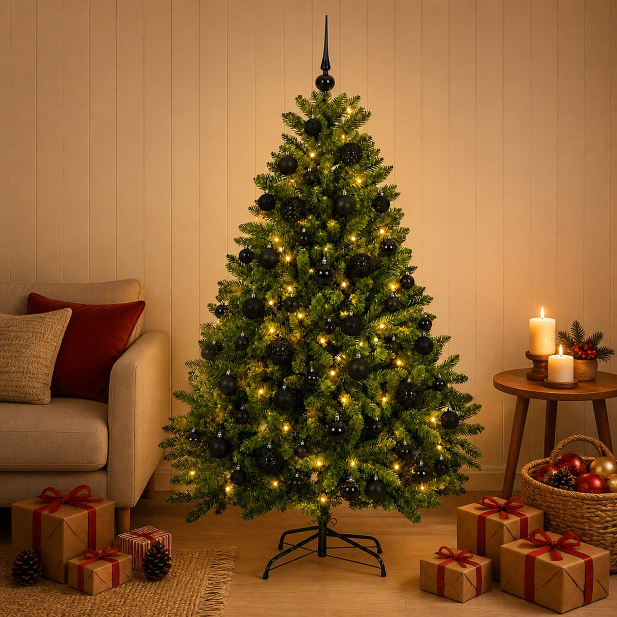 Artificial Christmas Tree with Baubles 180 cm Light Green Ø 117 x 180 cm with 300 LEDs&black balls