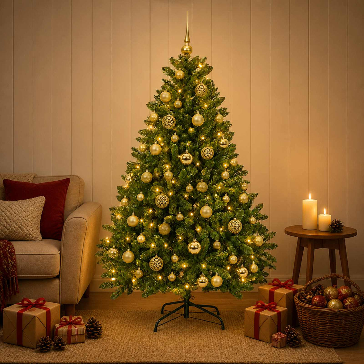 Artificial Christmas Tree with Baubles 180 cm Light Green Ø 117 x 180 cm with 300 LEDs&gold balls