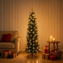 Artificial Slim Christmas Tree Bauble LEDs Green gold/bronze balls