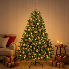 Artificial Christmas Tree with Baubles 180 cm Light Green Ø 117 x 180 cm with 300 LEDs&pink balls