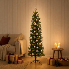 Artificial Slim Christmas Tree Bauble LEDs Green pink balls