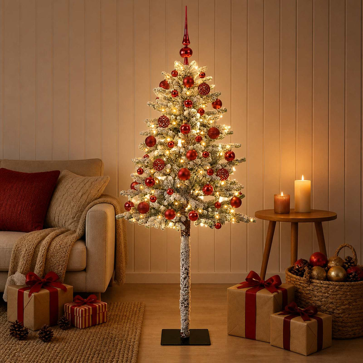 Artificial Christmas Tree with Bauble 300 LEDs Green and White 180 cm with LEDs & red balls