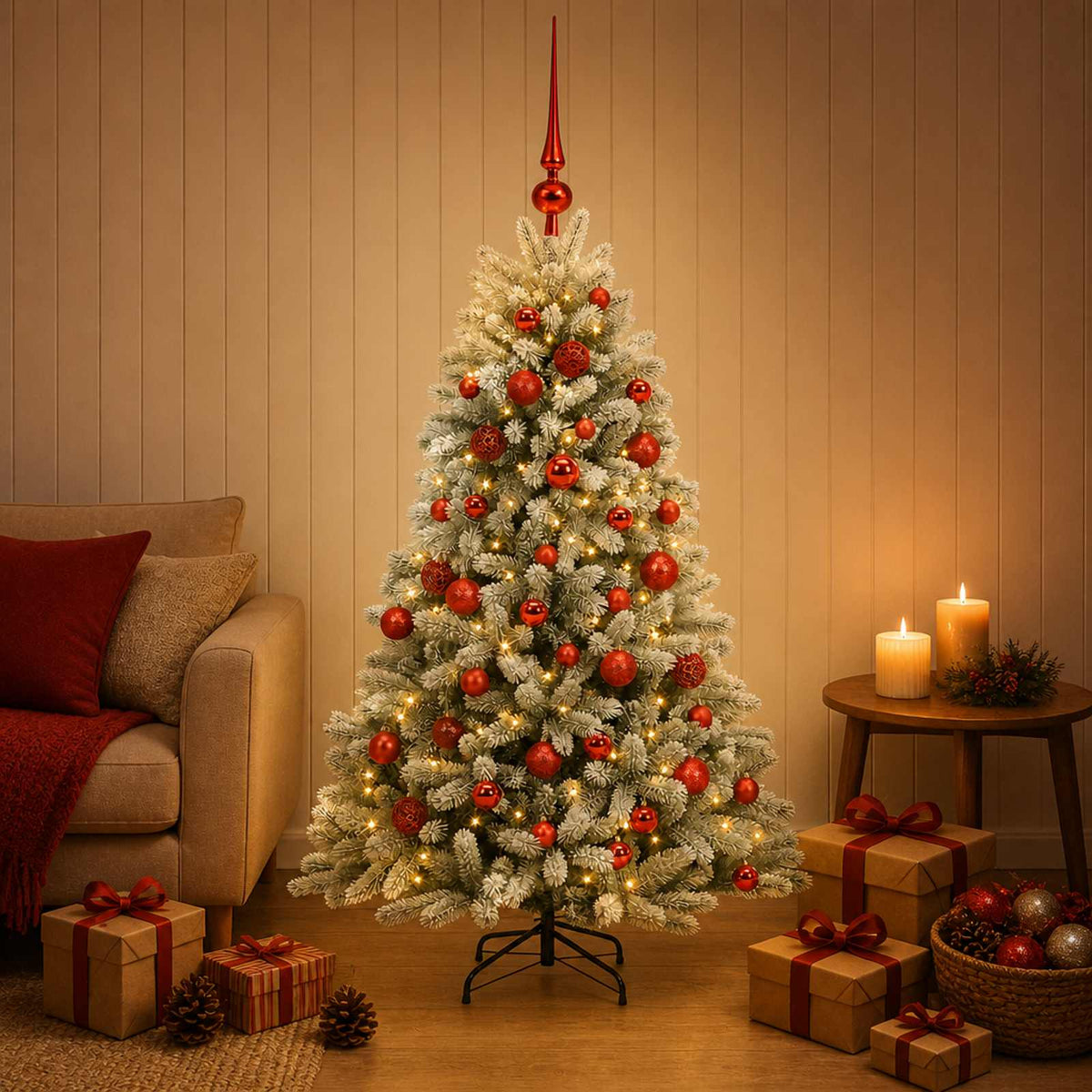 Artificial Christmas Tree with Bauble 150 LEDs Green and White 150 cm with LEDs & red balls