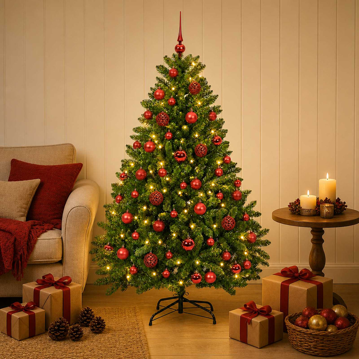Artificial Christmas Tree with Baubles 180 cm Light Green Ø 117 x 180 cm with 300 LEDs&red balls
