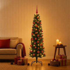 Artificial Slim Christmas Tree Bauble LEDs Green red balls