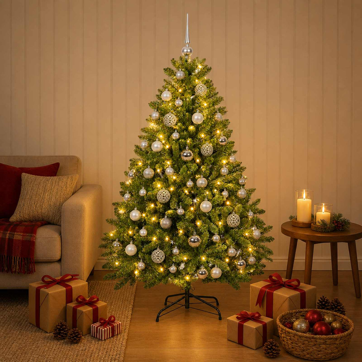 Artificial Christmas Tree with Baubles 180 cm Light Green Ø 117 x 180 cm with 300 LEDs&silver balls