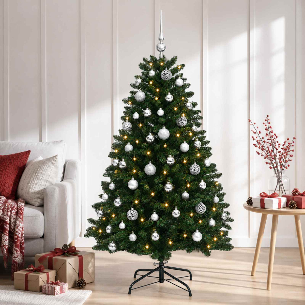 Artificial Christmas Tree Mid-green Ornament Medium Green LEDs&silver balls