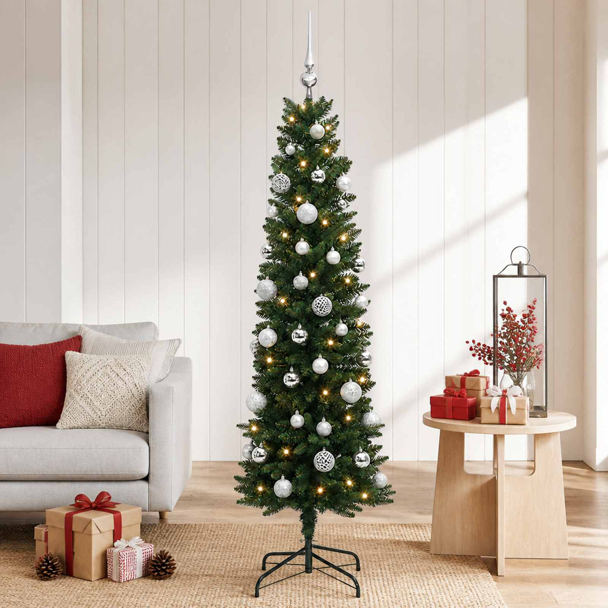 Artificial Slim Christmas Tree Bauble LEDs Green silver balls