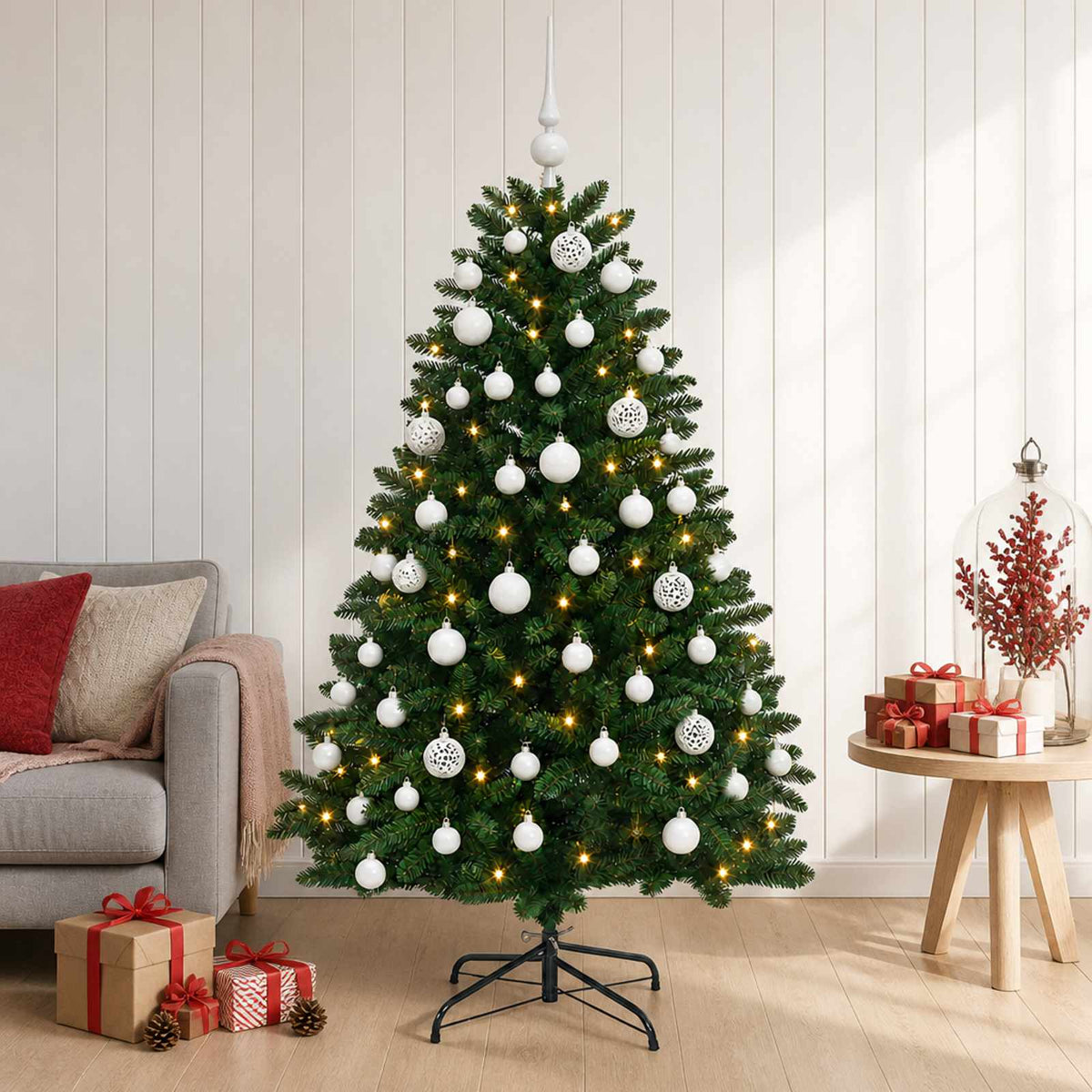 Artificial Christmas Tree Mid-green Ornament Medium Green LEDs&white balls