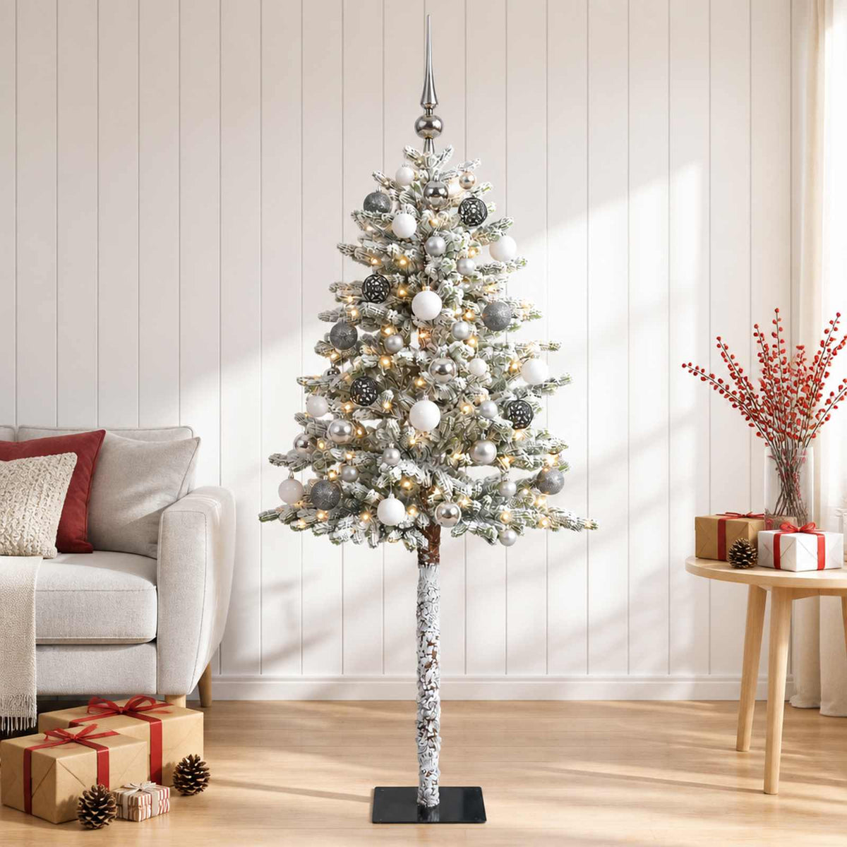 Artificial Christmas Tree with Bauble 300 LEDs Green and White 180 cm with LEDs & white/grey balls