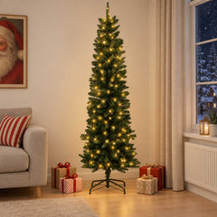 Artificial Slim Christmas Tree with Bauble 300 LEDs Green 210 cm with LEDs