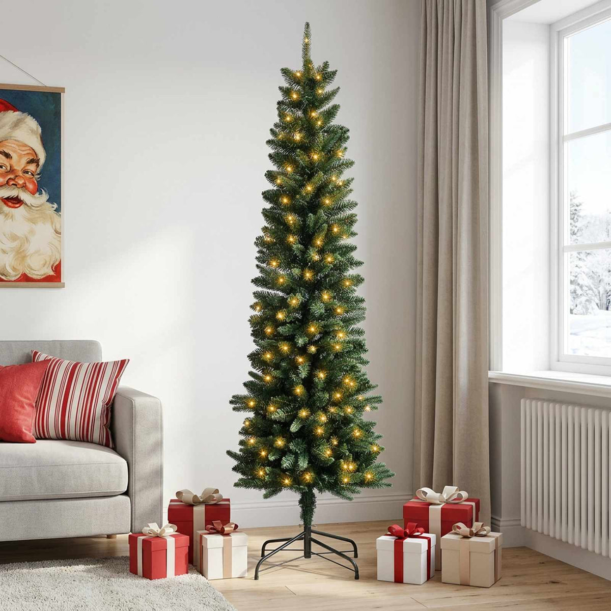 Artificial Slim Christmas Tree with Bauble 300 LEDs Green 210 cm with LEDs