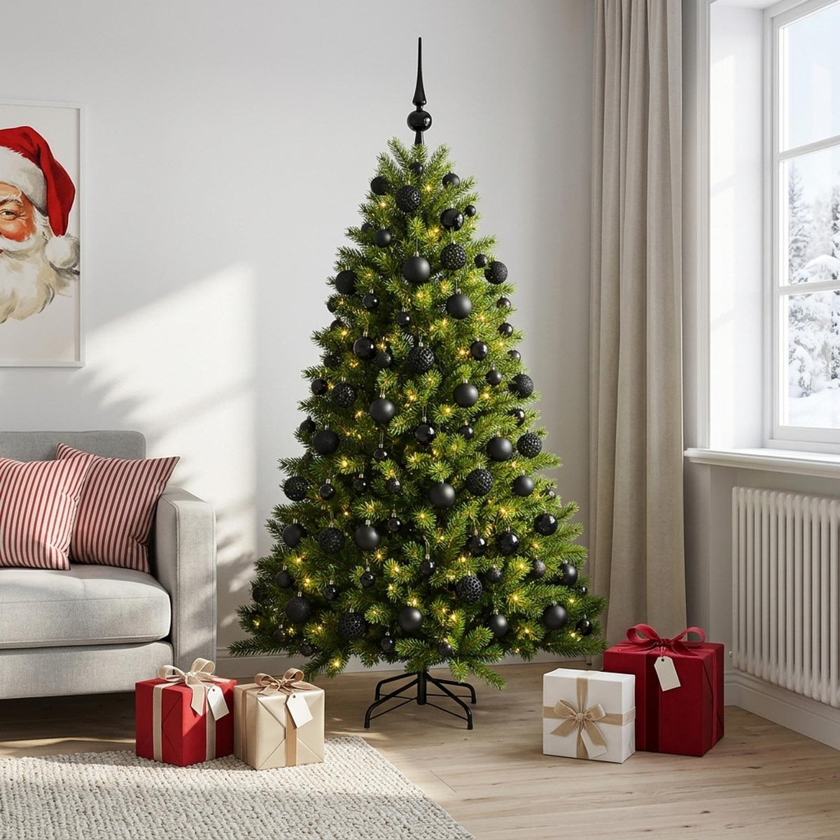Artificial Christmas Tree with Bauble 300 LEDs Green 180 cm with LEDs & black balls