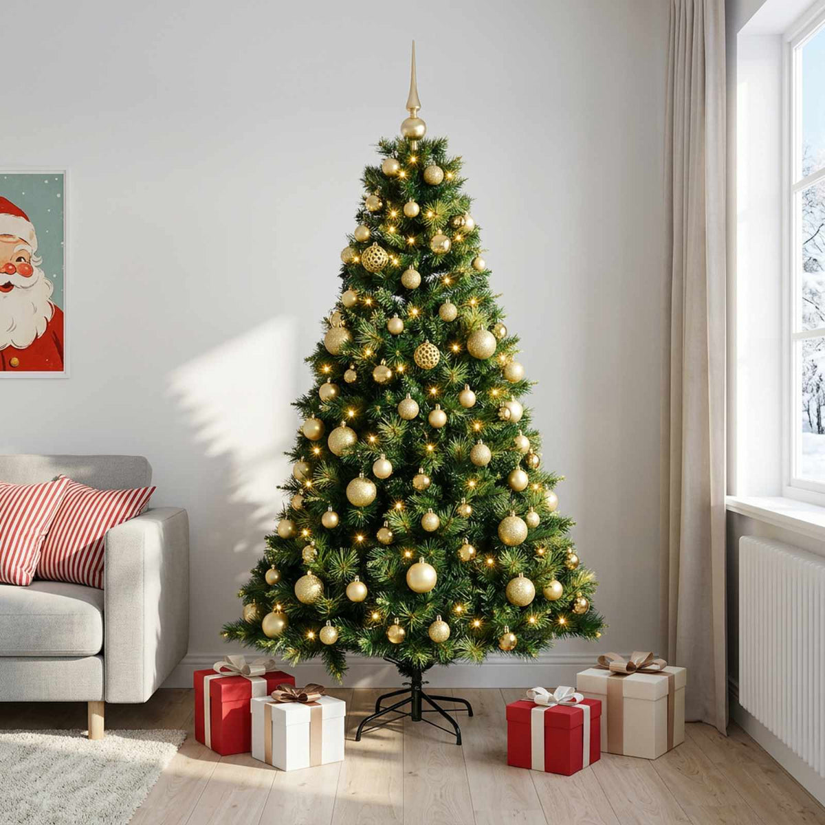 Artificial Christmas Tree with Bauble 300 LEDs Green Height 210 cm with LEDs & gold balls