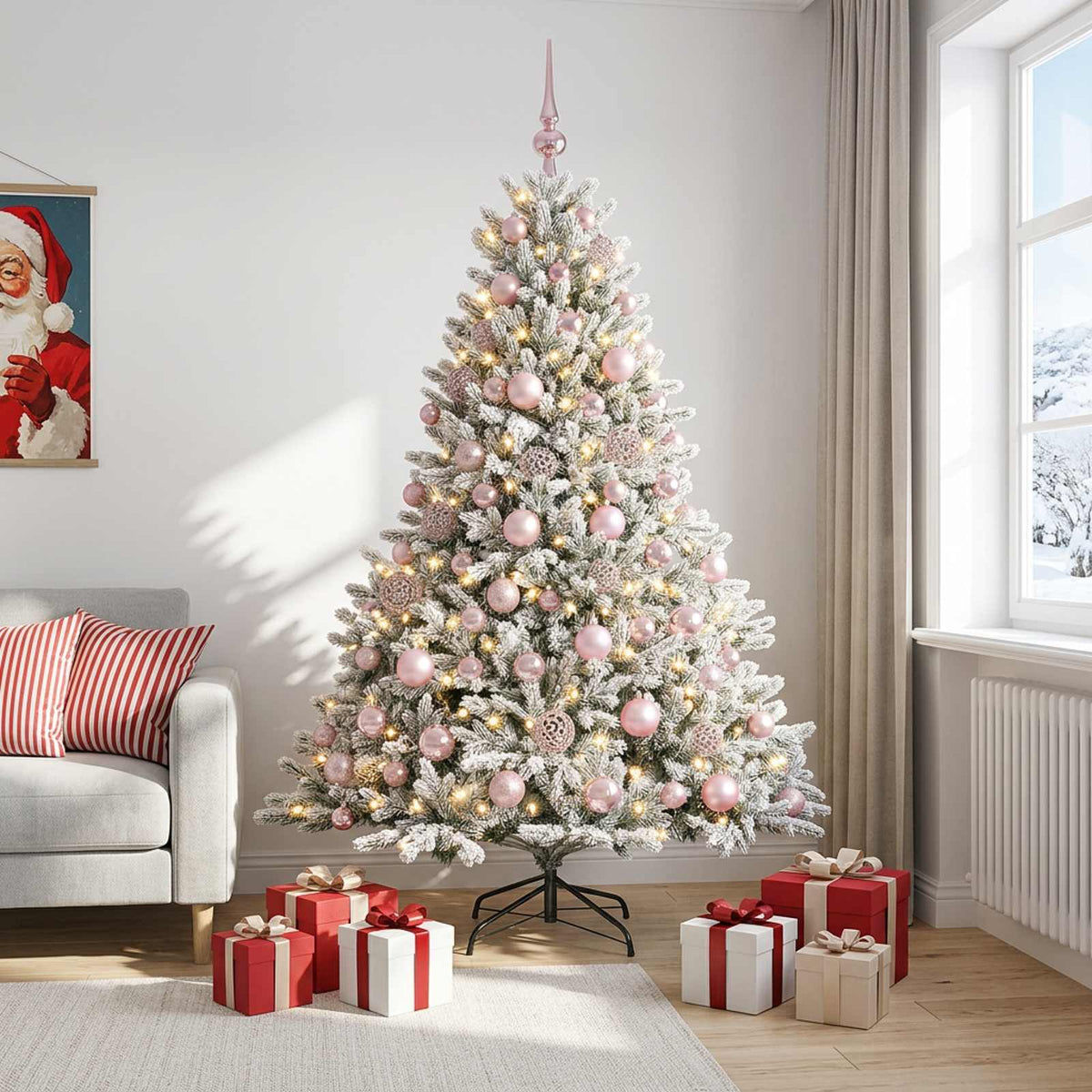 Artificial Christmas Tree Bauble LEDs Green White Height pink balls