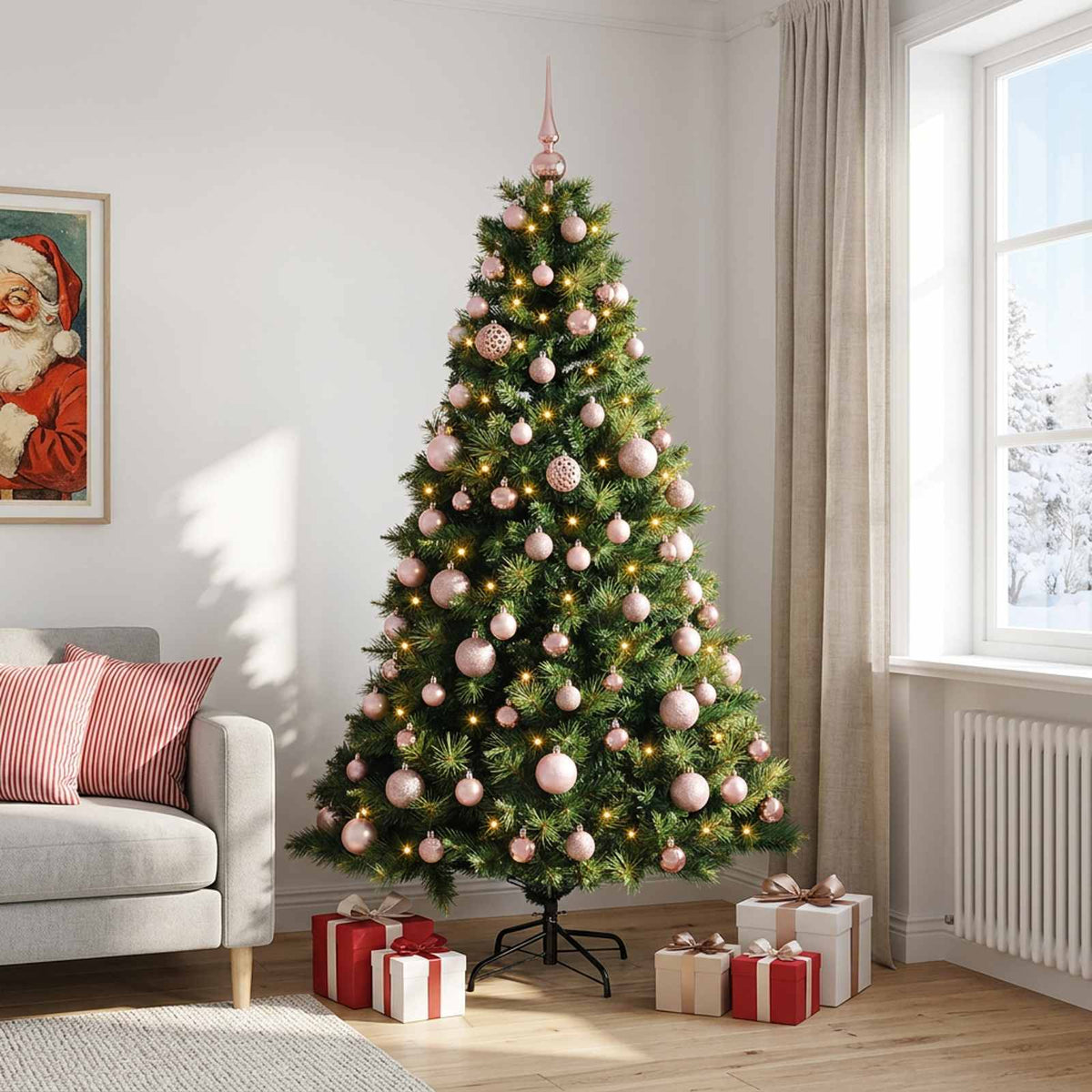 Artificial Christmas Tree with Bauble 300 LEDs Green Height 210 cm with LEDs & pink balls