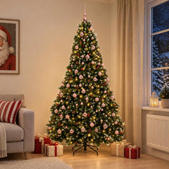 Artificial Christmas Tree Green with Bauble 210 cm 300 LEDs Green with Frosted Tips Ø 138 x 210 cm with 300 LEDs&pink balls