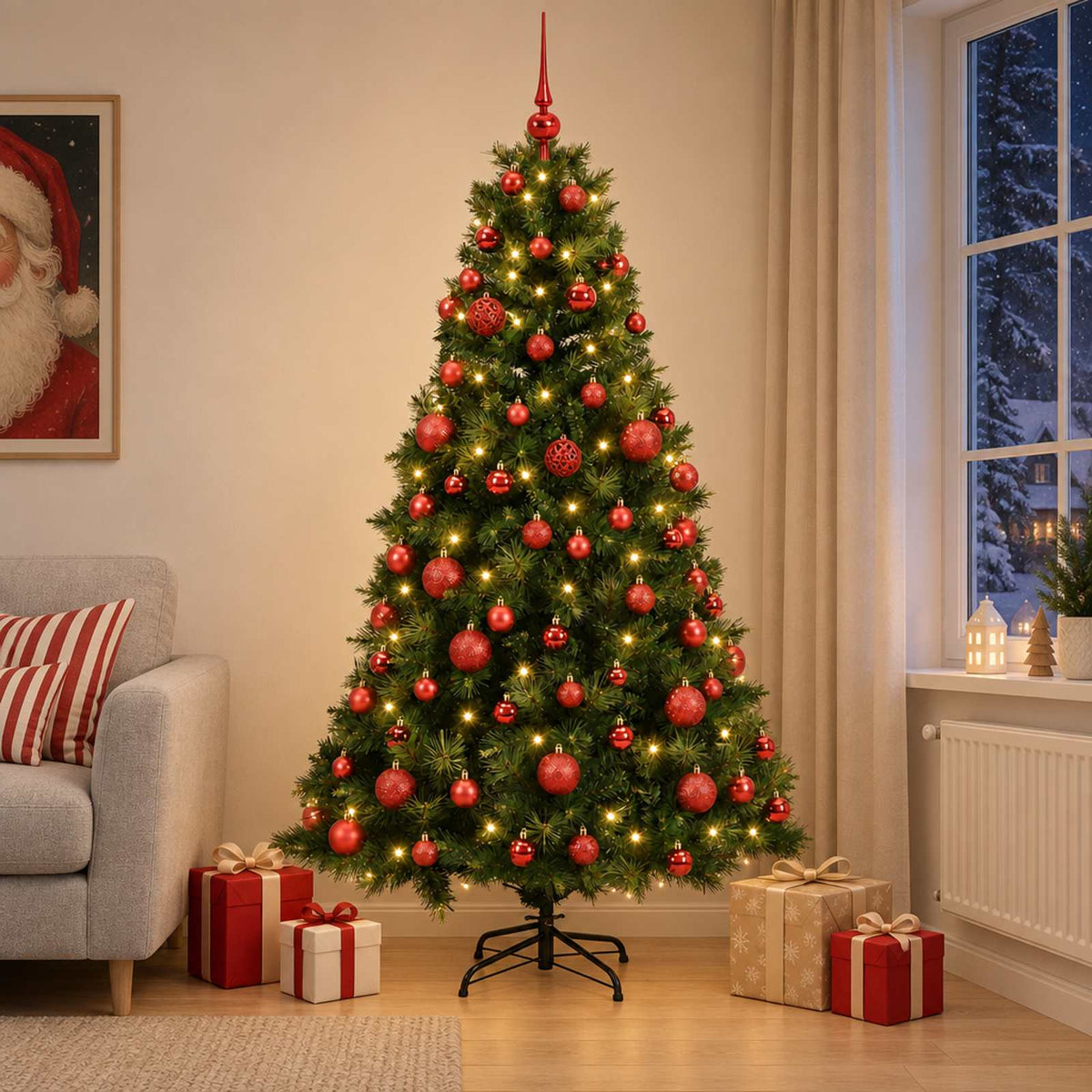 Artificial Christmas Tree with Bauble 300 LEDs Green Height 210 cm with LEDs & red balls