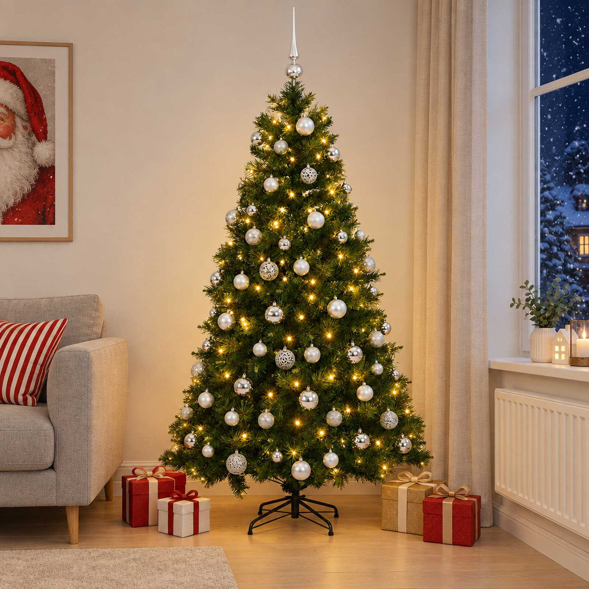 Artificial Christmas Tree with Bauble 300 LEDs Green Height 210 cm with LEDs & silver balls