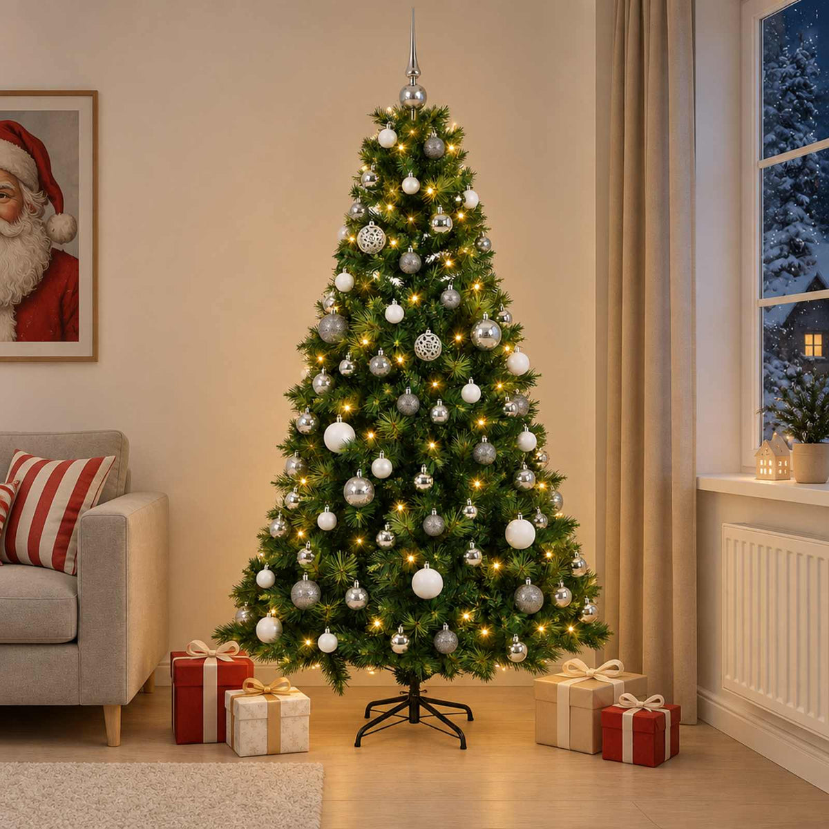 Artificial Christmas Tree with Bauble 300 LEDs Green Height 210 cm with LEDs & white/grey balls
