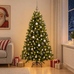 Artificial Christmas Tree with Bauble 300 LEDs Green 180 cm with LEDs & white/grey balls