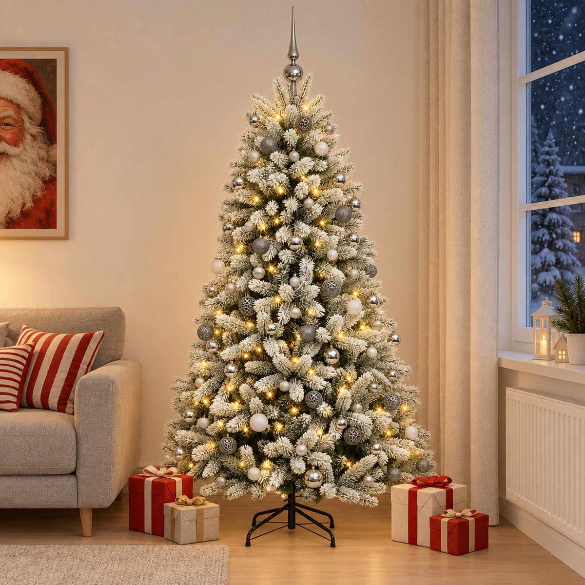 Artificial Christmas Tree with Bauble 300 LEDs Green and White 240 cm with LEDs & white/grey balls