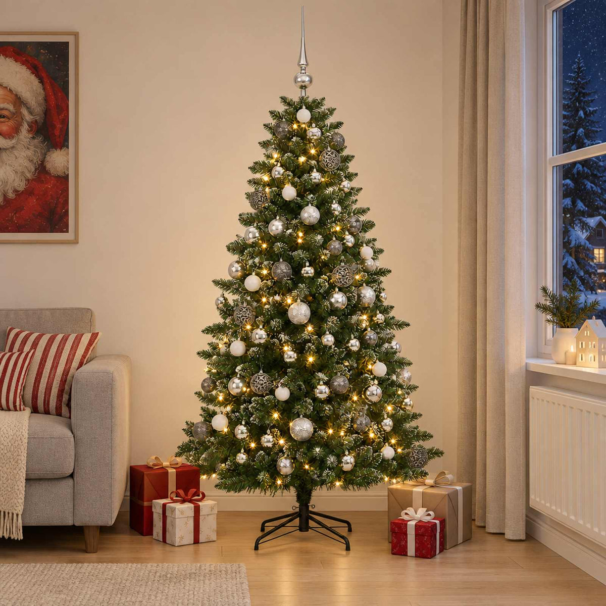 Artificial Christmas Tree with Bauble 300 LEDs 180 cm with LEDs & white/grey balls