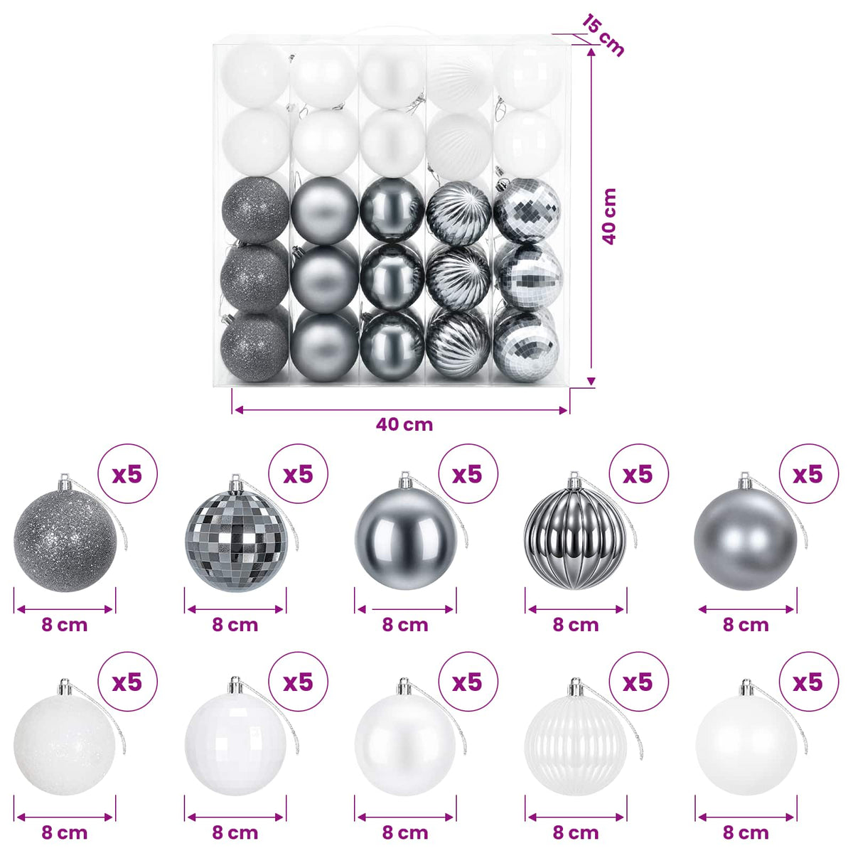 vidaXL Christmas Ball Set 50 pcs White and Grey 8 cm Polystyrene 6
