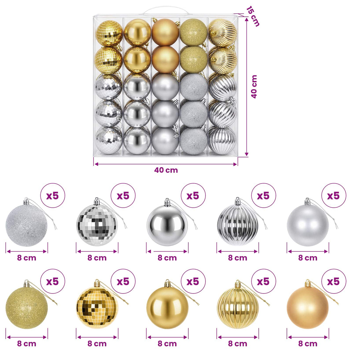 vidaXL Christmas Ball Set 50 pcs Silver and Gold 8 cm Polystyrene 6