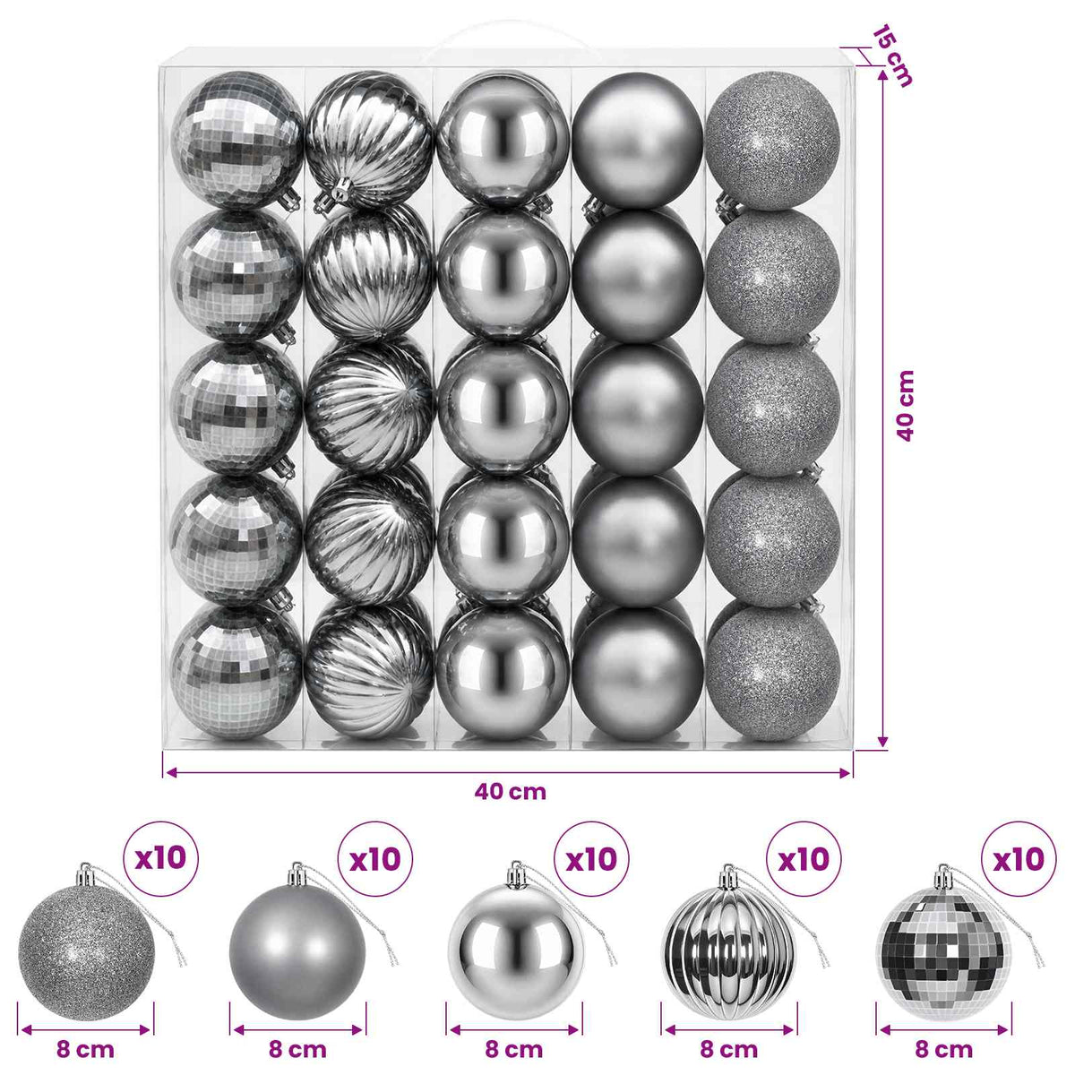 vidaXL Christmas Ball Set 50 pcs Grey 8 cm Polystyrene 6