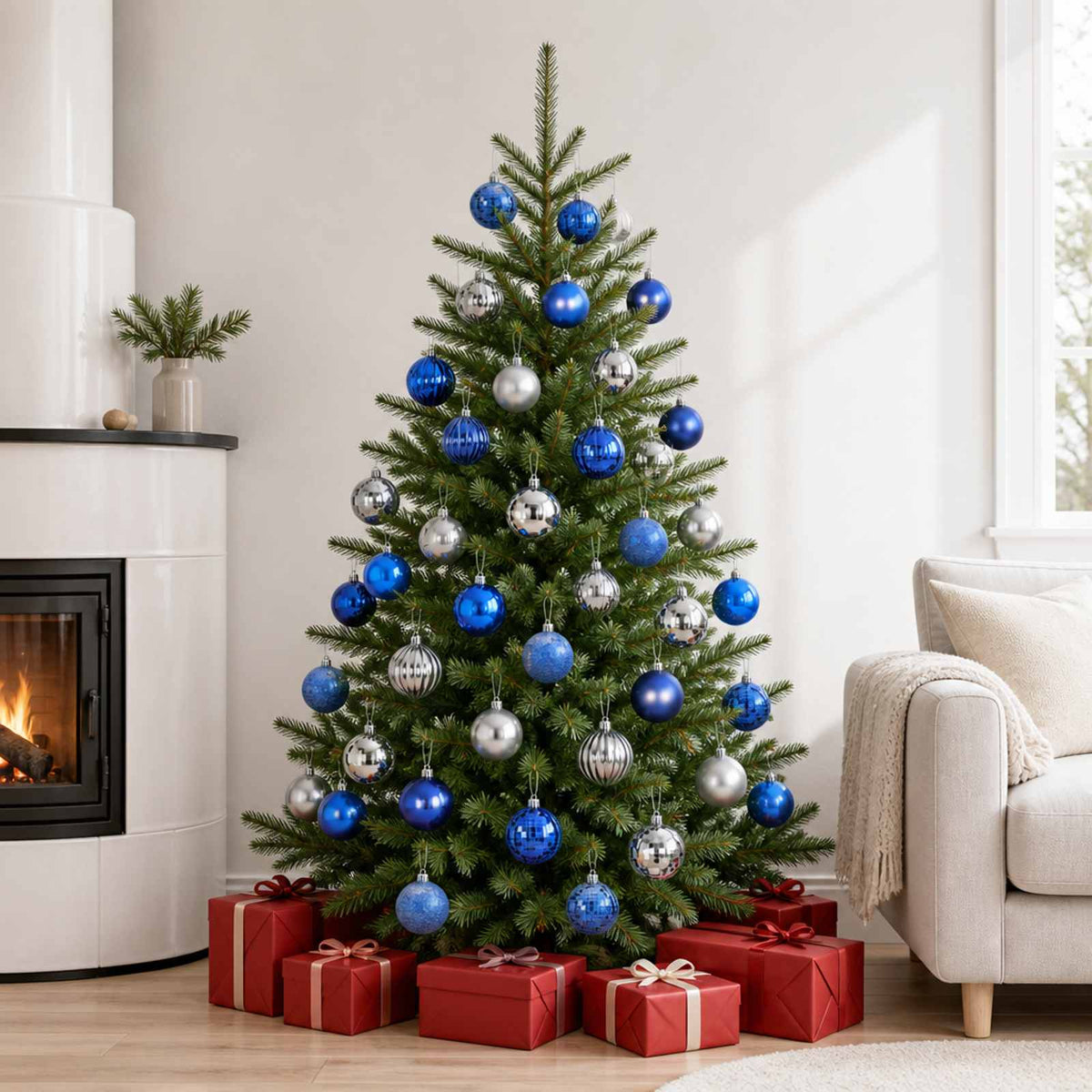 Christmas Ball Set 50 pcs Dia. 8 cm Polystyrene Black–White Blue and silver