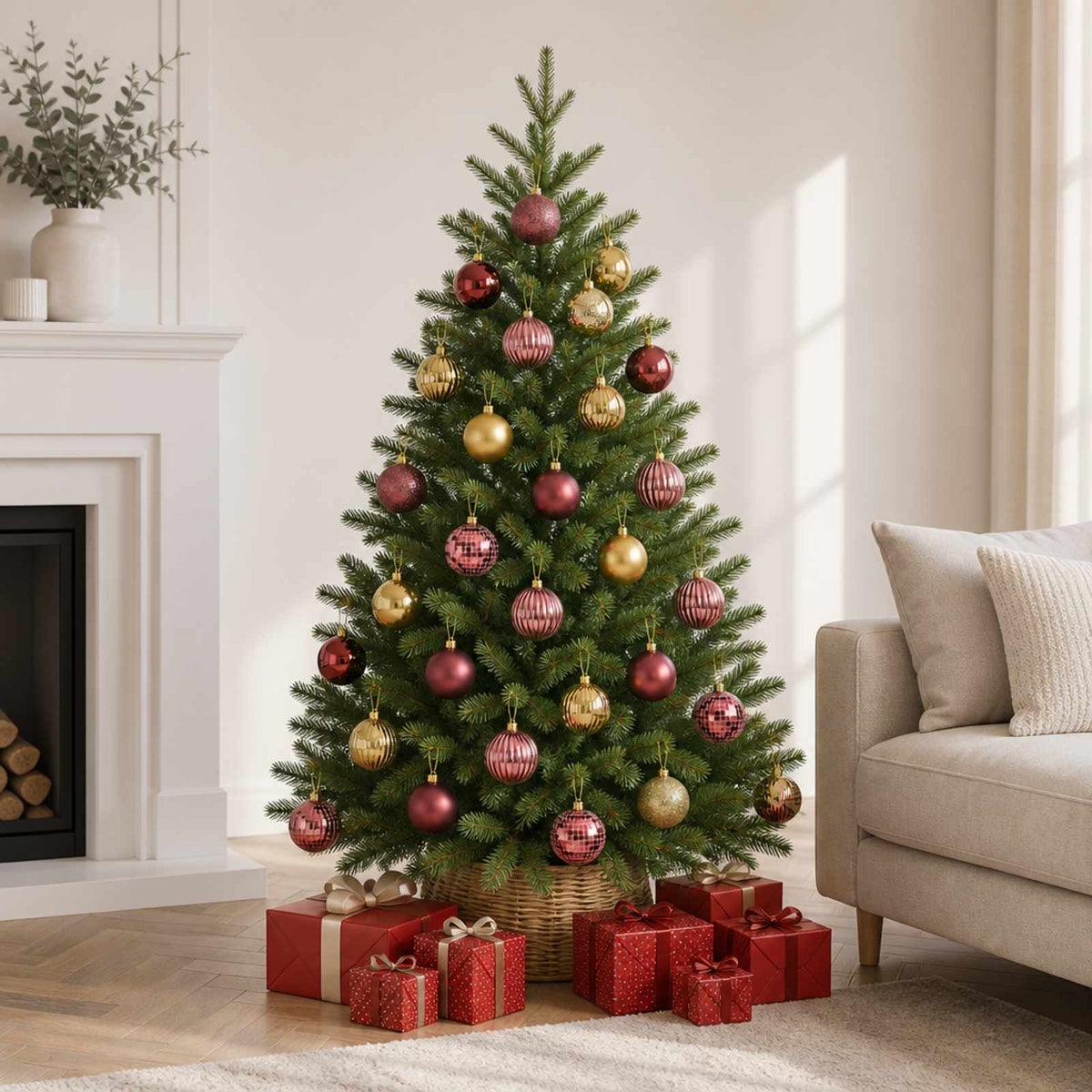Christmas Ball Set 50 pcs Dia. 8 cm Polystyrene Black–White Gold and wine red