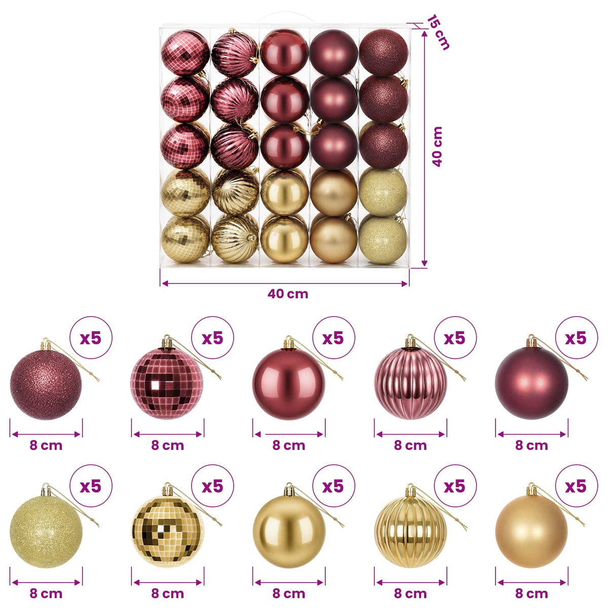 vidaXL Christmas Ball Set 50 pcs Gold and Wine Red 8 cm Polystyrene 6