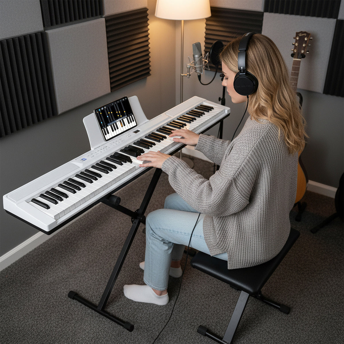 88-Key Electric Piano Keyboard Digital Piano with Adjustable Stand and Stool-White