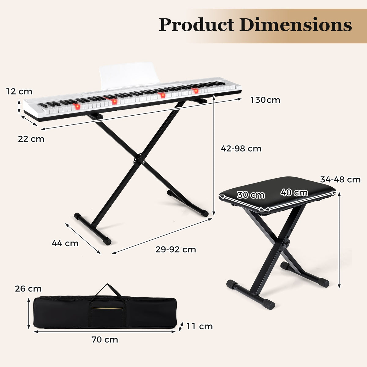 88-Key Electric Piano Keyboard Digital Piano with Adjustable Stand and Stool-White