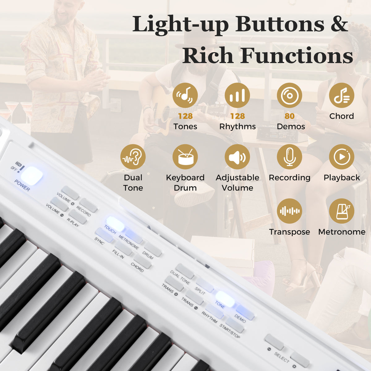 88-Key Electric Piano Keyboard Digital Piano with Adjustable Stand and Stool-White