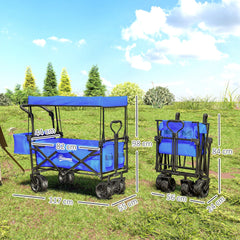 Outsunny Folding Trolley Cart Storage Wagon Beach Trailer 4 Wheels with Handle Overhead Canopy Cart Push Pull for Camping, Blue