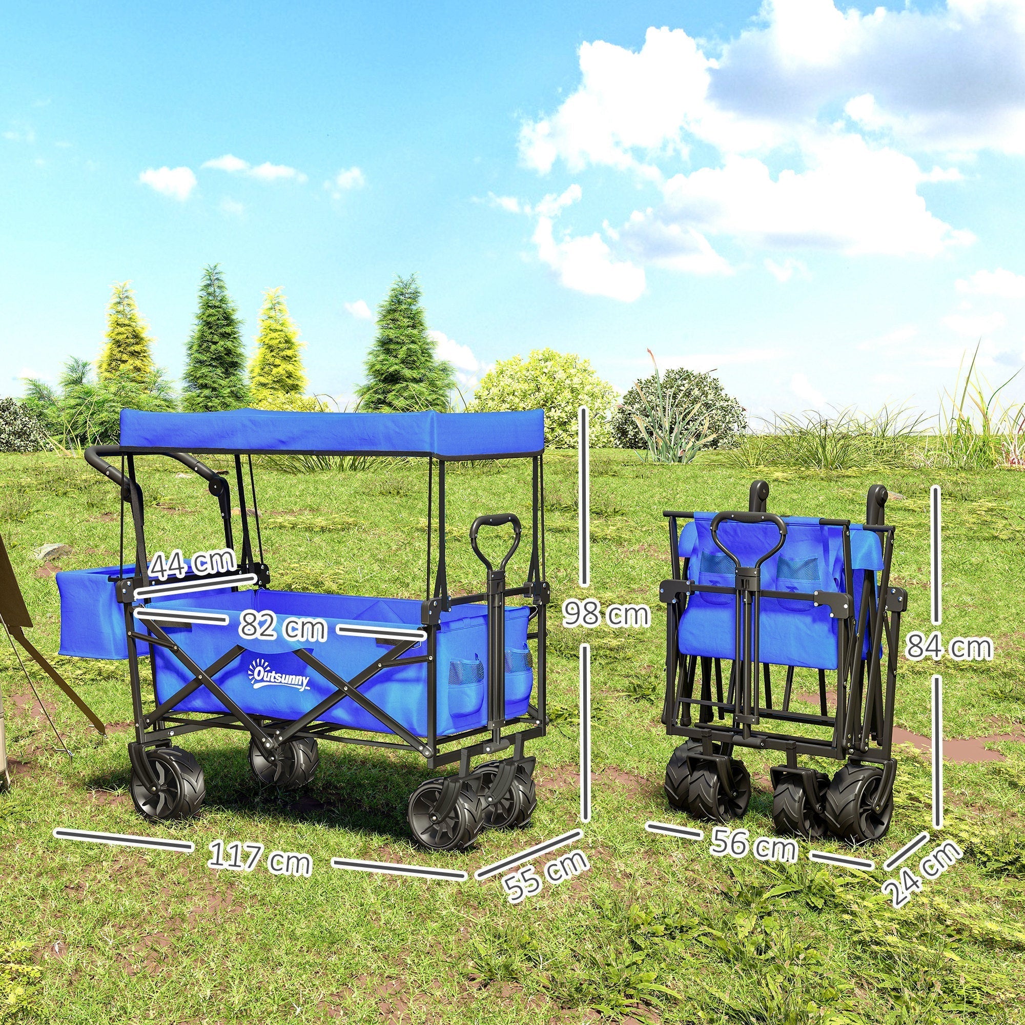 Outsunny Folding Trolley Cart Storage Wagon Beach Trailer 4 Wheels with Handle Overhead Canopy Cart Push Pull for Camping, Blue