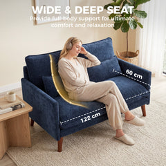 HOMCOM 2 Seater Sofa, Loveseat Sofa with Spring Cushions, Wide and Deep Seat, Wood Legs, Blue