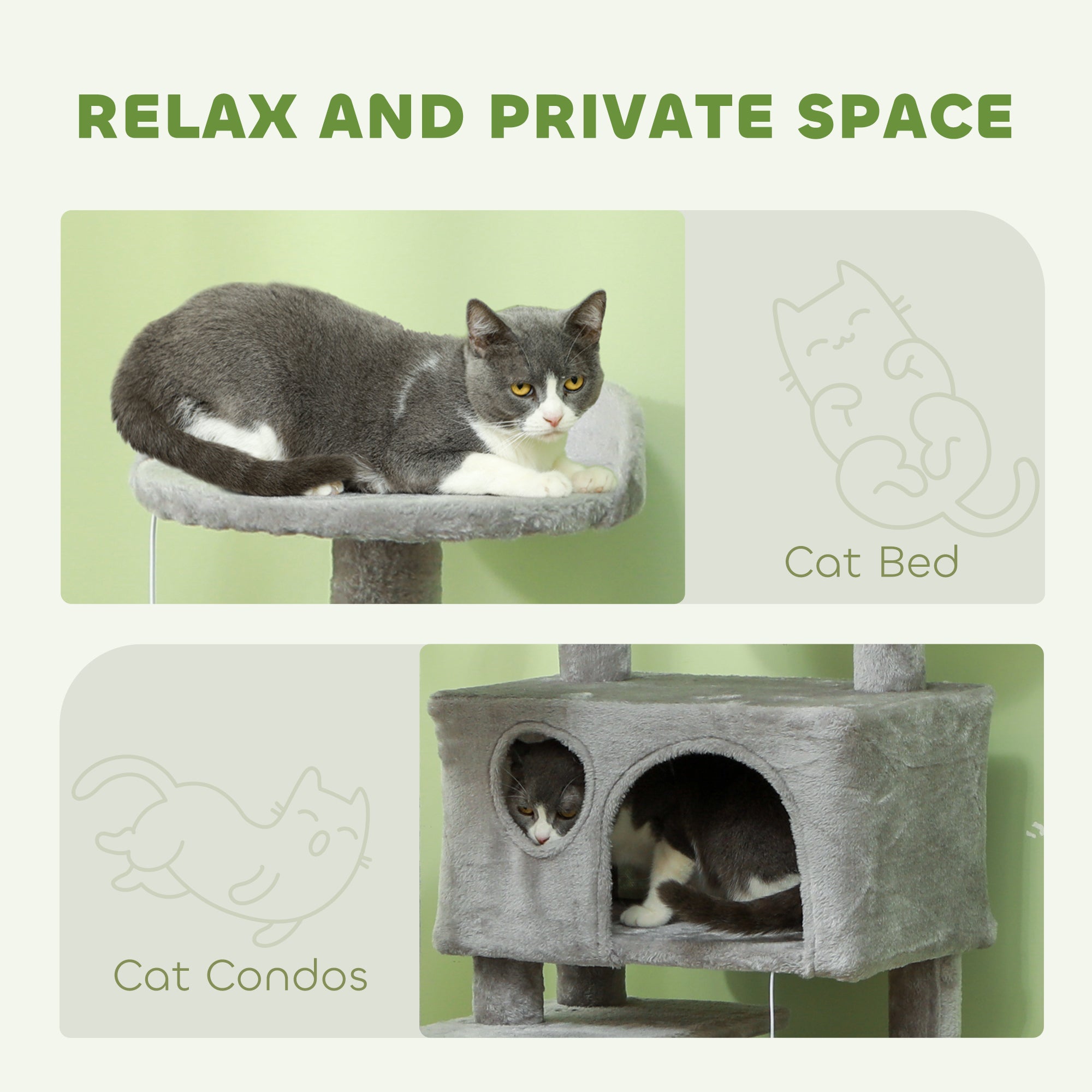 PawHut 138cm Cat Tree, Multi-Level Cat Tower with Scratching Posts and Pad, Bed, Condos, Platforms, Toy Balls, Light Grey