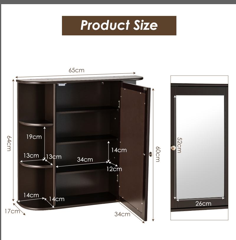 3-Tier Mirrored Wall Mounted Bathroom Cabinet-Brown
