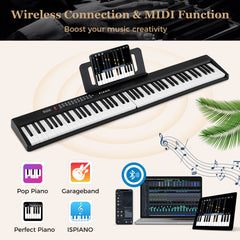 88 Key Foldable Piano Keyboard with MIDI Wireless Connection and Microphone-Black