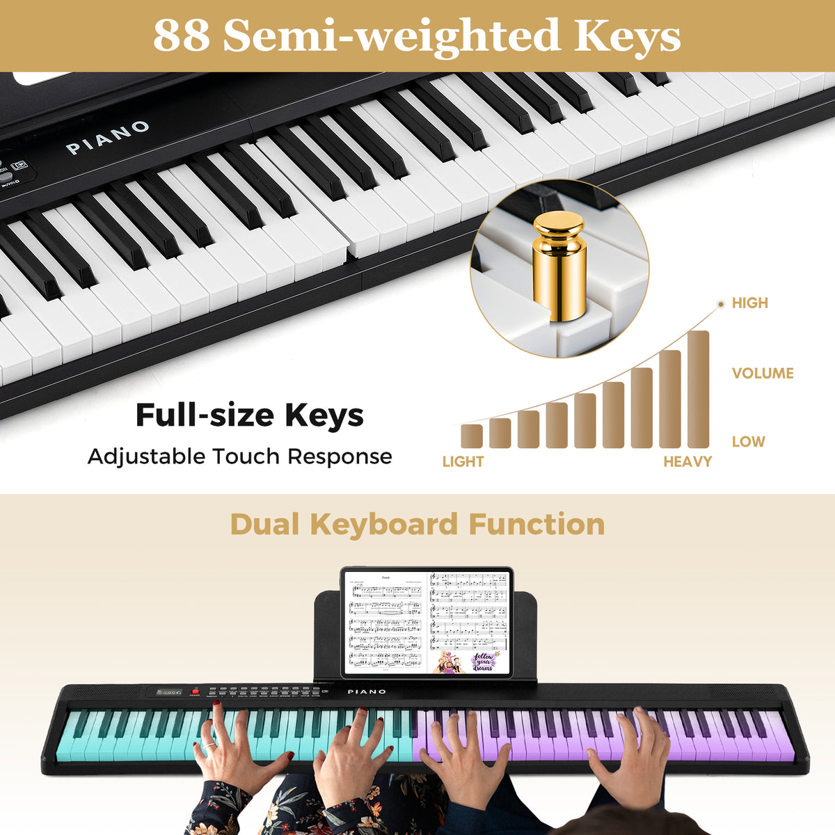 88 Key Foldable Piano Keyboard with MIDI Wireless Connection and Microphone-Black
