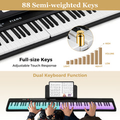 88 Key Foldable Piano Keyboard with MIDI Wireless Connection and Microphone-Black