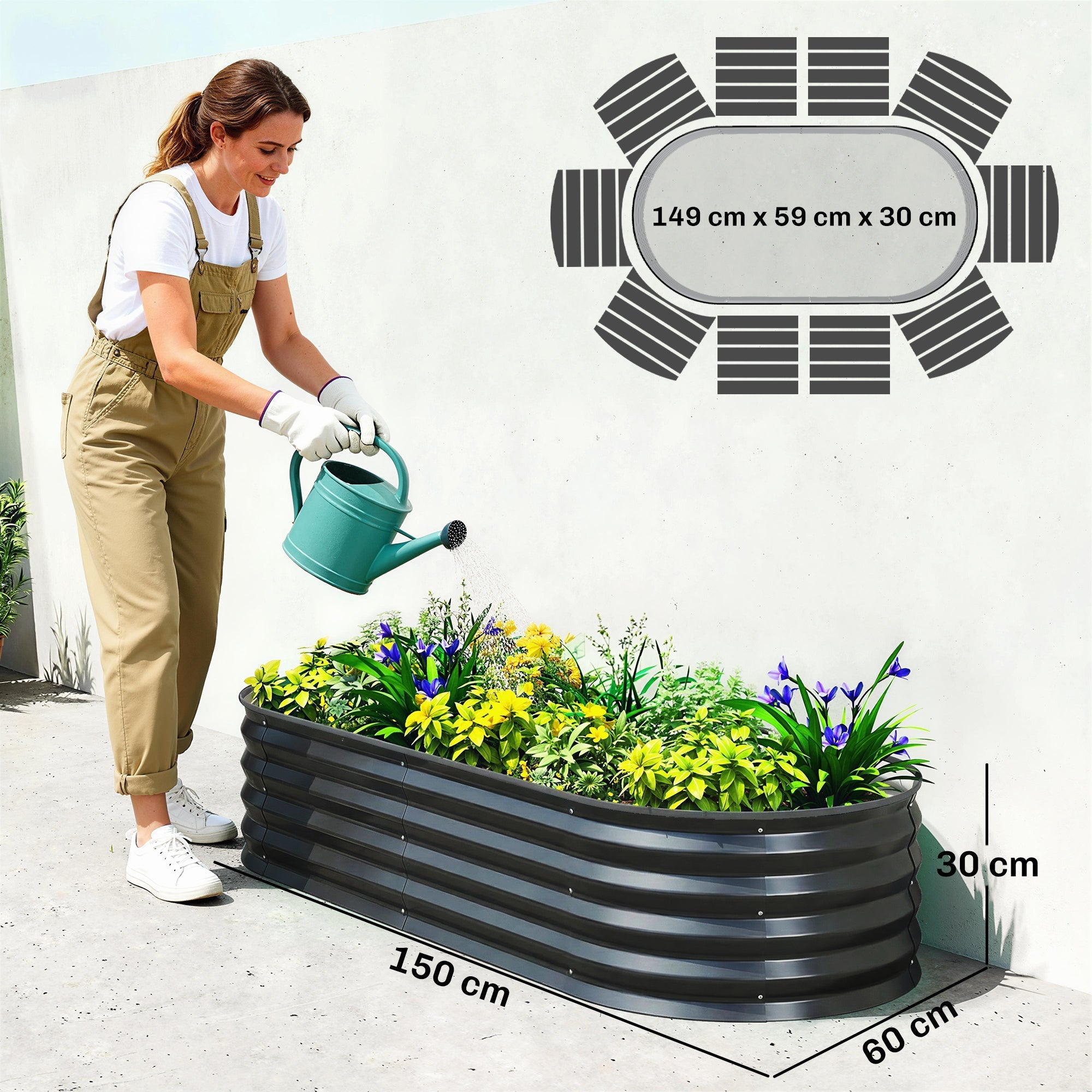 Outsunny Set of Two 150 x 60cm Steel Planters - Dark Grey