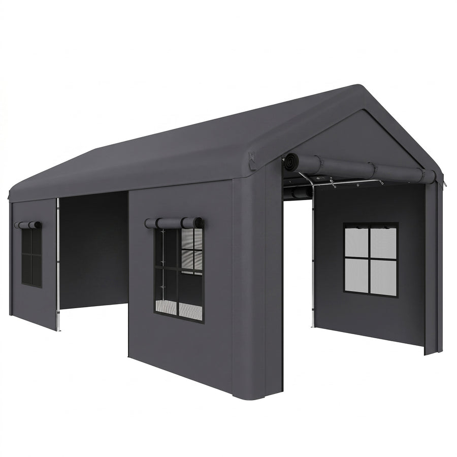 Outsunny 3 x 6 m Heavy Duty Carport, Portable Garage Car Canopy Tent with Galvanised Frame, Doors, Windows, Dark Grey