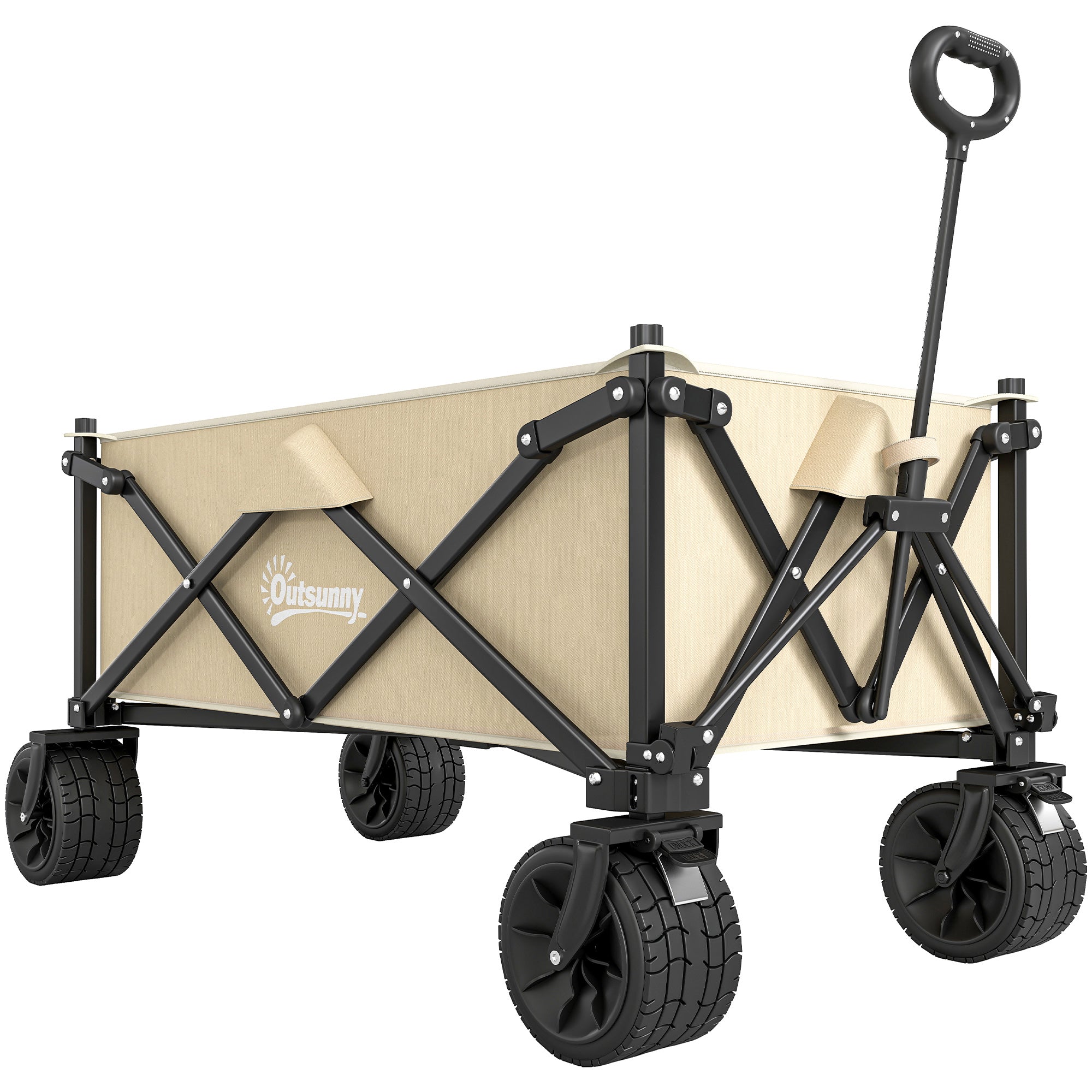 Outsunny Folding Garden Trolley, Outdoor Wagon Cart with Carry Bag, for Beach, Camping, Festival, 120KG Capacity, Khaki