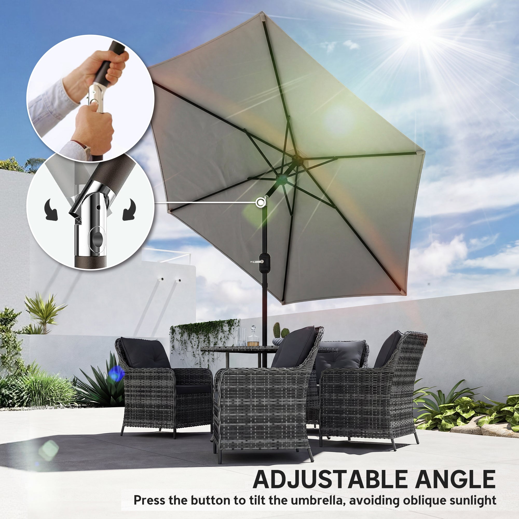 Outsunny 2.6 m Garden Parasol Umbrella with Aluminium Pole, Outdoor Patio Umbrella with Tilt and Crank, Vent, Light Grey